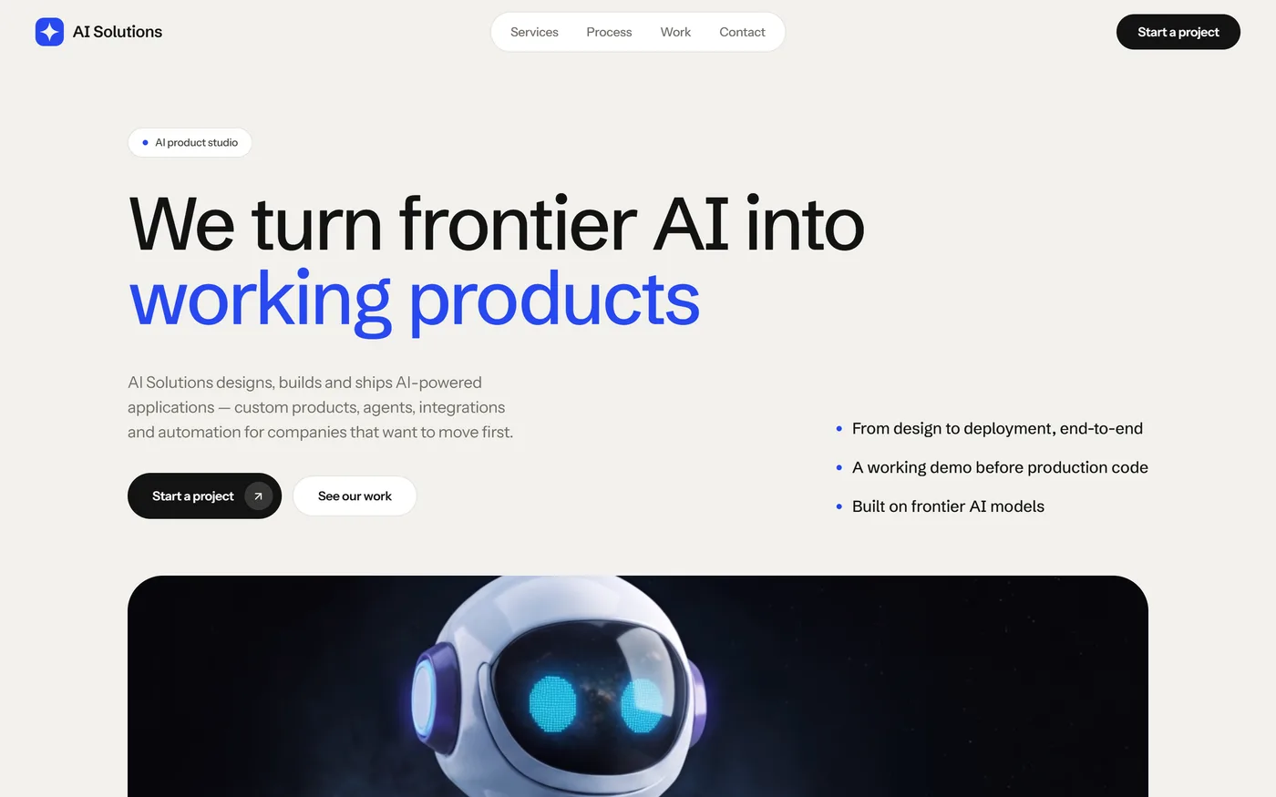 Landing page for AI Solutions, an AI product studio, featuring a clean layout, service cards, process section, case study and contact block.