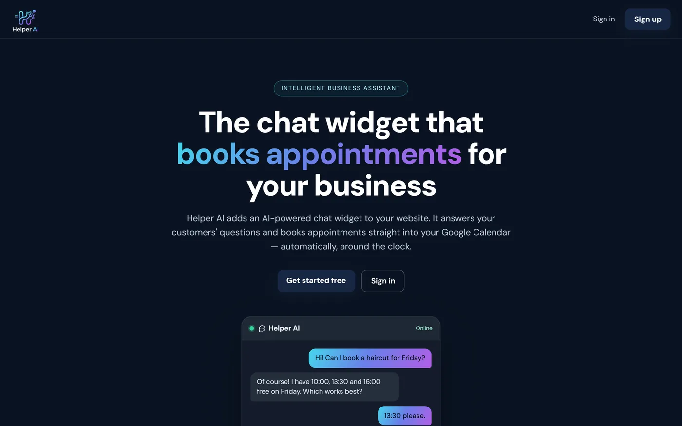 Dark SaaS website for Helper AI showing an AI chat widget that books appointments for service businesses.